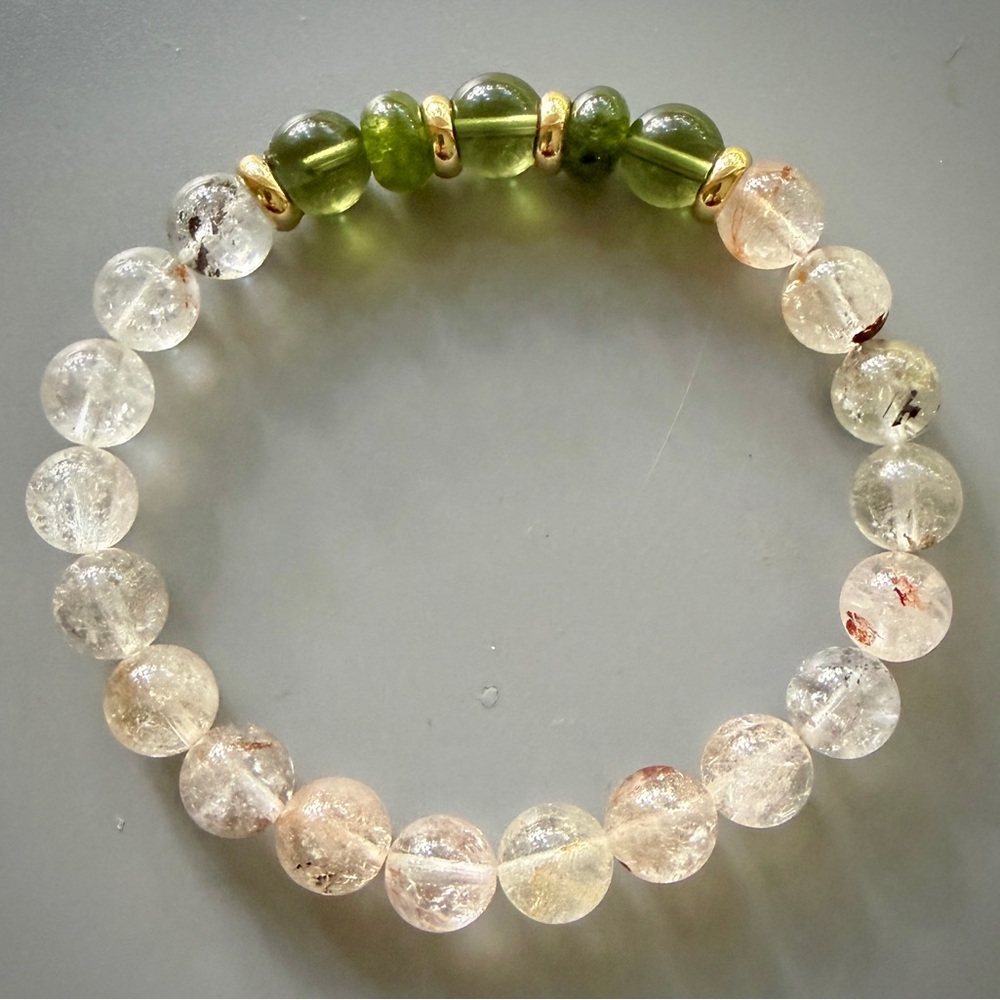 Green Moldavite and Herkimer Handcrafted Beaded Bracelet - Picture 5 of 6